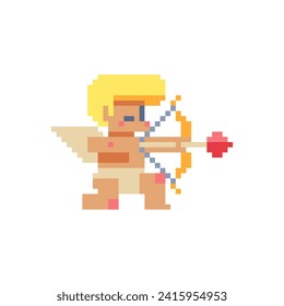 Angel with bow and arrow, Valentine's day. Pixel art. Cupid character. Design greeting card. Sticker design. Isolated vector illustration. 