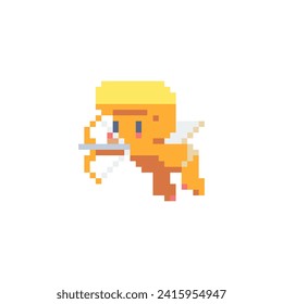 Angel with bow, flying cupid character. Pixel art. Valentine's day, greeting card design. Sticker design. Isolated vector illustration. 