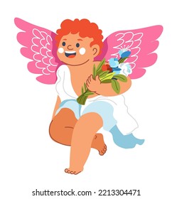 Angel boy with a bouquet of flowers, angelic creature with botany as gift or present. Saint Valentines day celebration, holiday and greeting. Isolated cupids character. Vector in flat styles