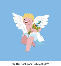 Angel boy with a bouquet of flowers, angelic creature with botany as gift or present. Saint Valentines day celebration, holiday and greeting character. Isolated cupids character.Vector in flat style