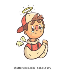 Angel Boy In Cap And College Jacket Hand Drawn Emoji Cool Outlined Portrait