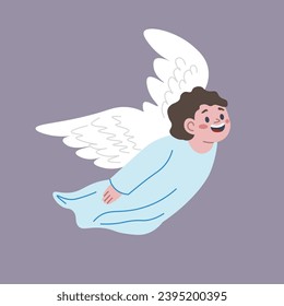 Angel boy with fluffy wings flying in sky, cheerful personage dressed in celestial attire. Isolated cupid character with cherubic fase and mischievous glint in its eyes. Vector in flat style