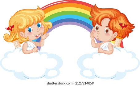 Angel boy and girl with rainbow in cartoon style illustration
