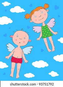  Angel boy and girl in the sky. Vector illustration