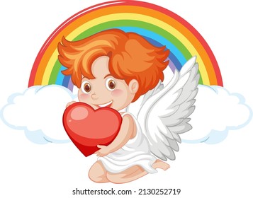 Angel boy holding red heart on rainbow background illustration