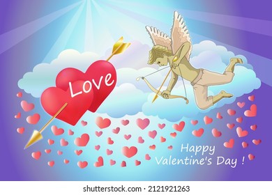 An angel boy with wings, a bow and arrows in the clouds shoots at hearts. Cupid with arrows flies against the clouds of the sky and hearts. Valentine's Day is February 14th. Vector illustration. 