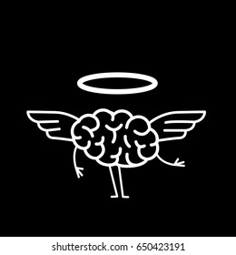 Angel Brain. Vector concept illustration of divine brain with wings and golden halo | flat design linear infographic icon white on black background