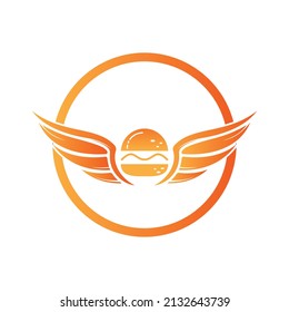 Angel burger logo with wings logo design. Flying burger logo concept.	