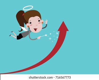 Angel business woman with wings holding a wand. Make the graph grow. Cartoon vector