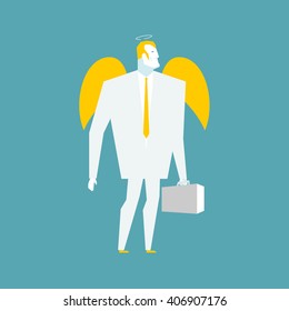 Angel businessman. Cherub paradise manager.  Guardian patron for your business. Holy man with halo in biz suit. Good seraphim with wings and case. Lamb of God rustler. Archangel with suitcase