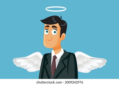 Angel Businessman with Halo and Wings Vector Cartoon Illustration. Male entrepreneur acting with morals and ethics in successful leadership CEO job
