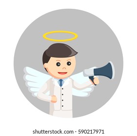 angel businessman with megaphone in circle background