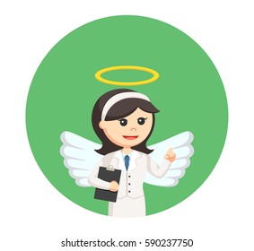 angel businesswoman with clipboard in circle background