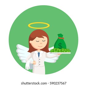 angel businesswoman with money in circle background