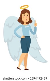 Angel or businesswoman woman in office suit with wings and halo vector isolated female character in skirt and shirt angelic costume heaven creature wise advice or decision purity and honesty