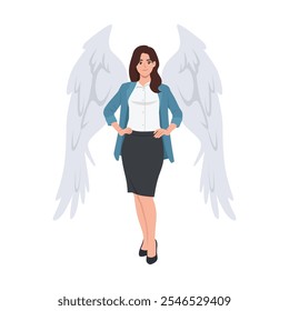 Angel or businesswoman woman in office suit with wings. Flat Vector character illustration