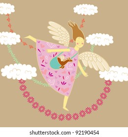 Angel carries dragon, name day, birthday, angel descends from heaven, greeting card