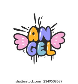 Angel. Cartoon slogan sticker in 90s and 00s pink girly style. Cute y2k bubble lettering for tee t shirt and sweatshirt. Urban graffiti with spray grunge effects. Hipster graphic street art