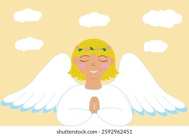 angel in a cartoon style, angel with flowers and wings is praying, folded hands, background of the sky and clouds 