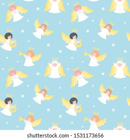 Angel cartoon in winter seamless pattern - pastel