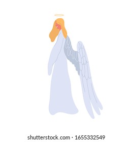 Angel cartoon woman in white dress vector flat illustration. Mythical creature female character with halo and wings isolated on white background. Colorful mythological girl