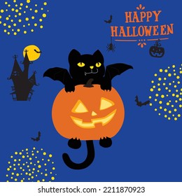 Angel cat black color on the top pumpkin on Halloween night and Blue color background