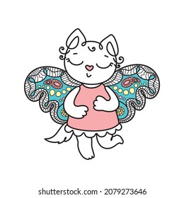 Angel cat with lace ornament wings. White kitten with butterfly wings. Mystical animal. Cutie little pet. Funny cartoon character. Kawaii style sticker. Hand drawing. Vector illustration.
