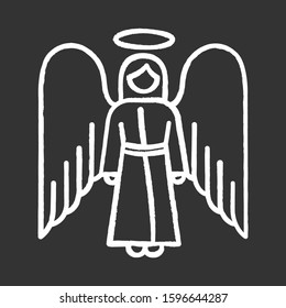 Angel chalk icon. Biblical archangel. Human figure in robe with wings and halo. Christmas holy angel. Gods messenger. Bible narrative. Christian symbol. Isolated vector chalkboard illustration