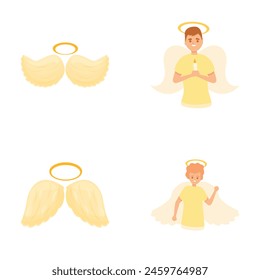 Angel character icons set cartoon vector. Young guy with wing and halo. Religion theme