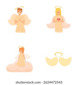 Os ícones de personagem dos anjos definem o vetor de desenhos animados. Desenhos animados com asa e halo. Tema de religião