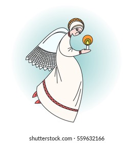 Angel character praying with a candle in hands. Stock vector illustration for christmas greeting cards, on religious occasions.