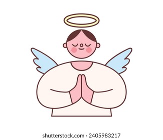 Angel character with wings and halo. Vector illustration of a virtuous saint praying in trendy cartoon style. Isolated elements on white background.