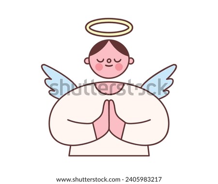 Angel character with wings and halo. Vector illustration of a virtuous saint praying in trendy cartoon style. Isolated elements on white background.