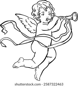 Angel cherub cute baby with ribbon and wings line art illustration.