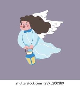 Angel or cherub with wings and long dress flying and holding glowing lantern lamp. Isolated angelic girl bringing light and illuminating, character personage from havens. Vector in flat style
