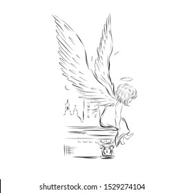 Angel child with halo sitting on the roof with big wings. Biblical heavenly symbol. Decor for greeting retro cards for Christmas, Easter and other religious holidays.