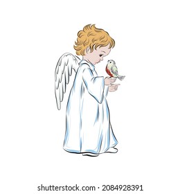 Angel child holding a bird. Catholic and Orthodox creed. The God. Christmas decor for cards, stickers, posters, prints. Hand drawn illustration for children book