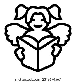 Angel child reads book line icon, children book day concept, angel wings vector sign on white background, child reading outline style mobile concept web design. Vector graphics.