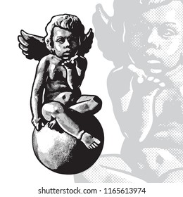 Angel child sitting on sphere, cute cupid boy. Vector black and white monochrome graphic illustration in vintage engraving style.