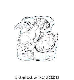 Angel child is sleeping with cat. Graphic vintage linear drawing. Concept for religious holidays - Easter, Christmas. Biblical heavenly symbol of man with wings. 