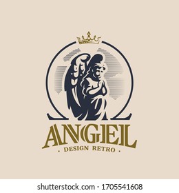 Angel child with wings on his back, clasped hands, prays standing on his knee. On top of it is a crown, behind a cloud. Vector emblem.