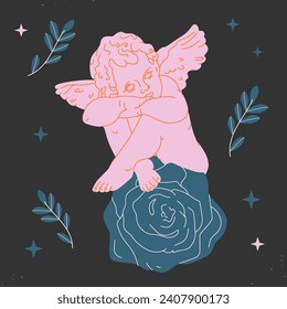 Angel child with wings.Cherub or Cupid.Antique pink angel sitting on the rose.Baby angel resting. Valentine's Day, romantic holiday concept.Print,card