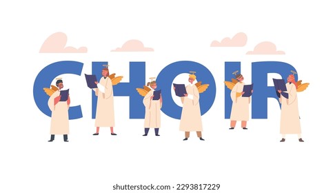 Angel Choir Conceptual Poster with Cute Cherubs Harmonize Celestial Chorales With Delicate Melodies, Vector Banner