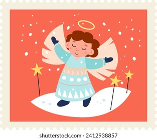 Angel Christmas Stamp Vector Illustration