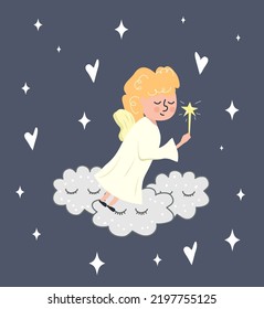 Angel in the clouds Vector stock illustration. Postcard in hand drawn style. Stars and magic wand. Miracle