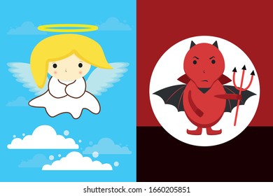 Angel in Clouds with yellow hair and white dress and halo and Red devil with black wings and pitchfork