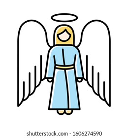 Angel color icon. Biblical archangel. Human figure in robe with wings and halo. Christmas holy angel. Gods messenger. Bible narrative. Christian symbol. Isolated vector illustration