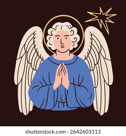 Angel in colorful robe. Praying angel, Saint, creature with wings, halo. Hand drawn trendy Vector illustration. Isolated design element. Print, logo, card template