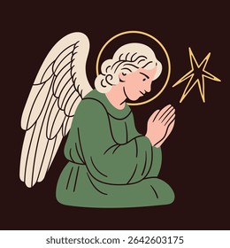 Angel in colorful robe. Praying angel, Saint, creature with wings, halo. Hand drawn trendy Vector illustration. Isolated design element. Print, logo, card template