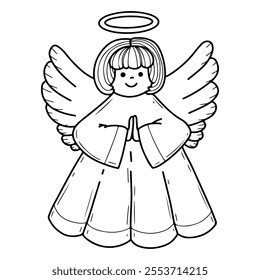 Angel coloring book hand drawn. Cute character. Prayer for peace. Christmas symbol. Wings, halo. Little baby. Vector line art illustration. Page for kids and adults.